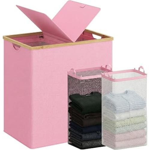 efluky Laundry Hamper with Lid, Double Laundry Basket with 2 Removable Bags, 2 Section Laundry Bin with Bamboo Handles for Bathroom, Bedroom & Laundry Room, 140L (36.9 Gallon) Pink