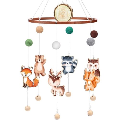 Woodland Baby Crib Mobile Jungle Animals Nursery Mobiles Forest Safari Ceiling Mobile Wooden Wind Chime Hanging Mobile Bear Fox Deer Mobiles Bassinet for Room Photography Prop Newborn Gift