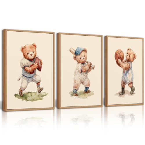 Lhoiplme Nursery Teddy Bear Wall Art Decor Boy Vintage Canvas Pictures Nursery Sports Prints Baby Boy Room Decor Kids Animal Poster Bear Artwork for Bedroom Playroom 8x10 Inch Set of 3 Unframed