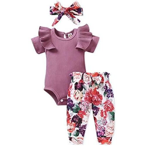 fioukiay Preemie Newborn Baby Girls Clothes Infant Little Kids Romper Bodysuit Pants Headband Clothing Set Summer Outfits