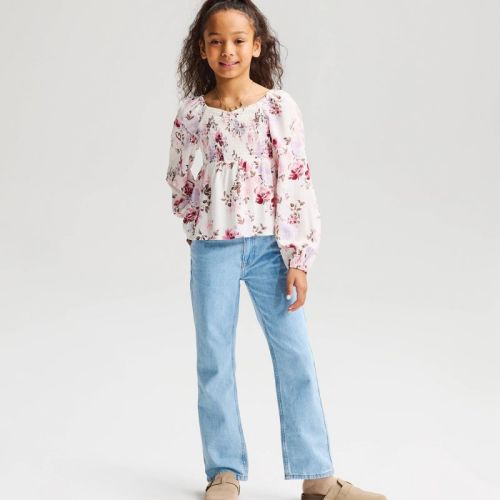 Girls' Long Sleeve Smocked Floral Printed Top - Cat & Jack™ Cream S: Cottagecore