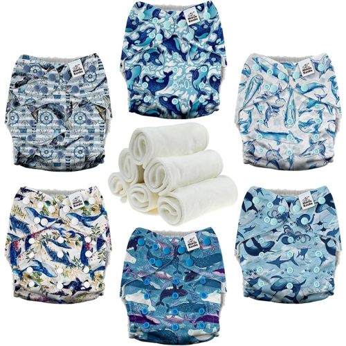 Mama Koala 3.0 Pocket Cloth Diapers for Babies with AWJ Lining, 6 Pack with 6 4-Layer Natural Cloth Diaper Inserts - Reusable and Washable Pocket Diapers(Whales)