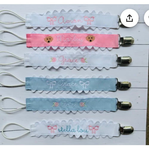 Monogrammed Pacifier Clip | bow Personalized Scallop embroidered paci holder| Baby bib clip with ricrac trim | baby gift personalized