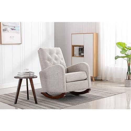 QQU Glider Rocker - Modern High Back Upholstered Rocking Chair with Side Pocket, Glider Chair with Wood Frame, Nursery Rocking Accent Armchair for Living Room, Bedroom, Breastfeeding, Light Grey