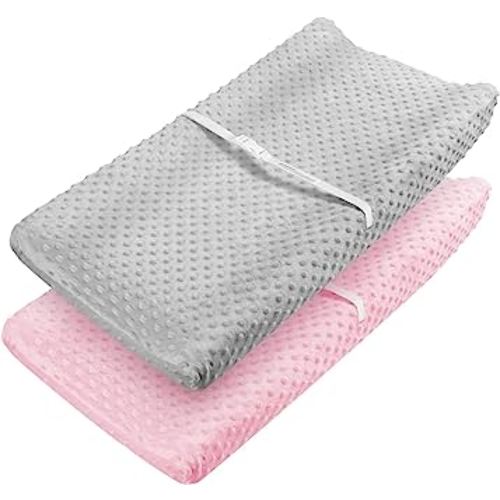 Babebay Changing Pad Cover - Ultra Soft Minky Dots Plush Changing Table Covers Breathable Changing Table Sheets Wipeable Changing Pad Covers Suit for Baby Boy and Baby Girl (Pink & Lt Gray)