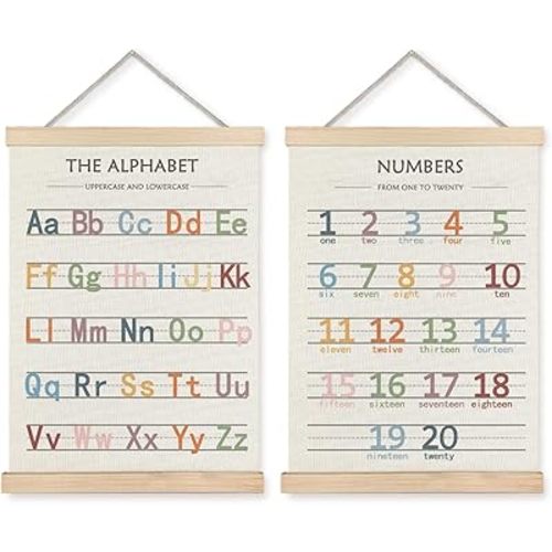 LUVADIAN Playroom Decor Alphabet Poster - Alphabet Numbers Educational Poster Hanger Frame Set of 2, Toddler Learning Posters for Nursery Kids Room Playroom Classroom Decor, 12x16 Inches