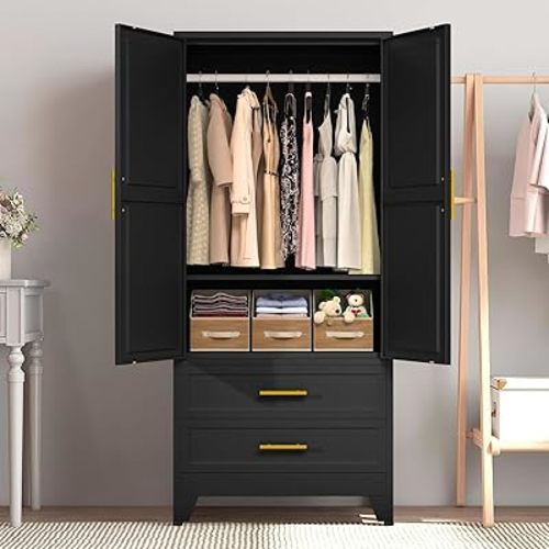 71" Metal Armoire Wardrobe Closet with 2 Drawers, Freestanding 2-Door Tall Clothing Storage with Adjustable Shelves and Hanging Rod for Bedroom Dorm, Black