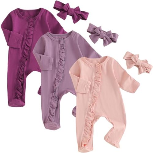 Merqwadd Baby Girl Zipper Pajama Footies 3 Pack Ruffle Sleeper Coming Home Infant Cotton Clothes - 0-3 Months - Pink/Purple/Plum