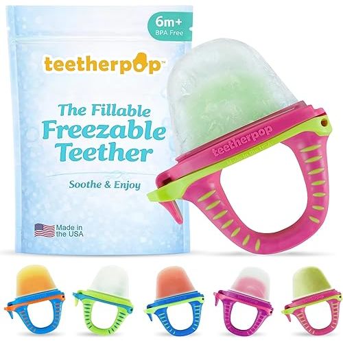 Teetherpop Fillable Freezable Teethers for Babies - Breastmilk Teether with Spill-Proof Sippy Slits – Teething Popsicle for Baby, Liquids & Purées, Cooling Teething Relief Feeder Pacifier - PinkLimon