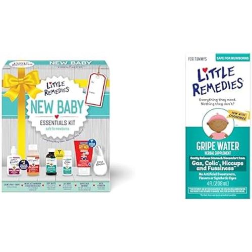Little Remedies New Baby Essentials Kit with 6 Items - Saline Spray, Gas Relief Drops, Gripe Water, Fever Reliever, Diaper Ointment & Gripe Water for Gas and Colic Relief