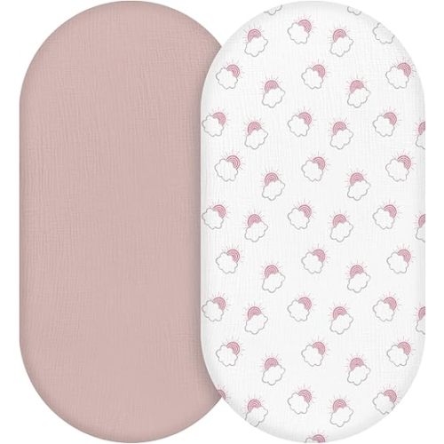 Muslin Bassinet Fitted Sheets, 2 Pack for Baby Boy and Girl, Soft Breathable Baby Pad/Mattress Sheet, Fit for Hourglass Oval and Rectangle Bassinet Mattress (Pink Cloud)