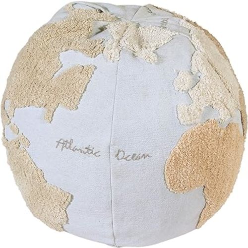 Lorena Canals USA Pouffe World Map, Light Blue, Natural, Linen, Beige, Grey, 1' 5" x Ø1' 8"