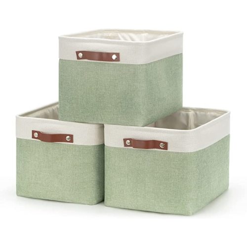 HNZIGE Storage Basket for Organizing Clothes(3 Pack) Decorative Storage Bins for Shelves Toys, Fabric Canvas Bins Storage Organizer with Handles(Gray&Green,15" X 11" X 9.5")