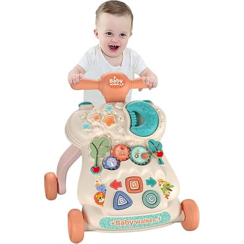 IoF Baby Push Walker, Walker for Baby Boy Girl 6-12 Months with Educational Play Learning Panel, Sit-to-Stand Walkers, Child Activity Center & Toys for 12-18 Months Baby Boys Girls(Pink Moon)