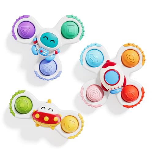 ALASOU 3PCS Pop Suction Cup Spinner Sensory Airplane Travel Toys for 1 Year Old Boy Girl Infant Toddlers|Novelty Spinning Tops 12 18 Months|1 2 Year Old Boy Birthday Gift|Baby Bath Toy Kids Ages 1-3