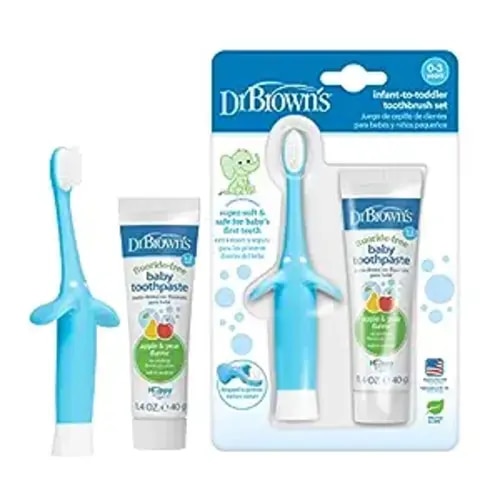 Dr. Brown’s Infant-to-Toddler Training Toothbrush Set, Blue Elephant with Fluoride-Free Apple Pear Baby Toothpaste, 0-3 years