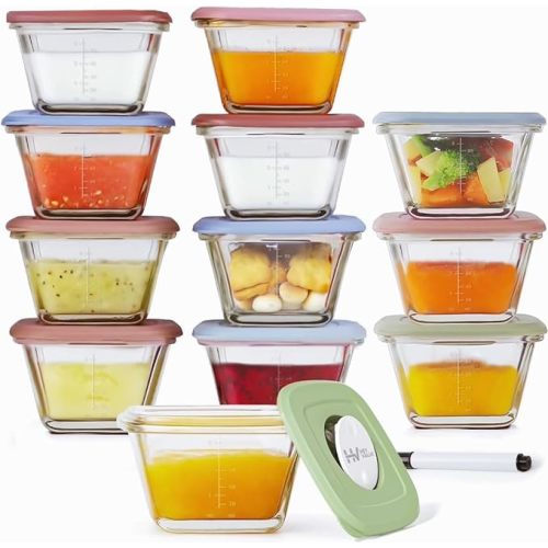 HEYVALUE Baby Food Containers, 12 Container Set, 4 oz Glass Baby Food Jars With Lids, Small Baby Food Maker, Infant Storage Container, Microwave, Dishwasher & Freezer Safe, BPA Free - Pink