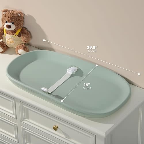 Baby Changing Pad Waterproof in EVA Foam, Baby Changing Mat Wipeable Baby Changing Table Pad, Adjustable Safety Belt & Non-Slip Base, for Diaper Changes & Massage, Fits Dresser/Changing Table - Sage