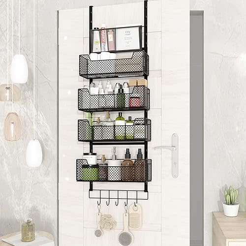 Adjustable Over The Door Organizer, Heavy Duty Hanging Door Storage with 4 Metal Baskets and PVC Pocket, Behind Organizer for Bathroom Closet Bedroom Pantry Cabinet, Black