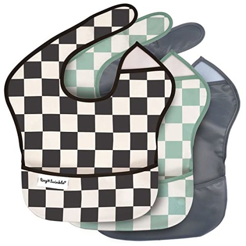 Tiny Twinkle Mess-Proof Baby Bibs for Eating | Waterproof, Wipeable Toddler Bibs with Catch-All Pocket | Feeding Bibs for Girls & Boys(3 Pack,Checkers Boy)