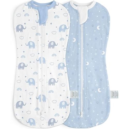 Baby Swaddle 0-2 Months, Cotton Arm-In Zipper Sleep Sack, Wearable Blankets Wrap for Newborn Infant Girls, Boys (Elephant, Star Moon, Pack of 2)