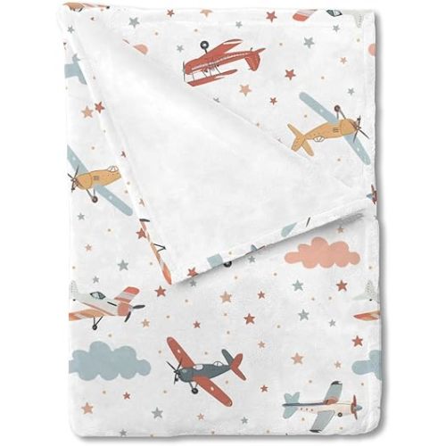 Unisex Plane Nursery Baby Throw Gift Blanket for Boys Girls, Cartoon Planes Clouds Stars Pattern Swaddle Receiving Bed Blanket for Newborn Toddlers Kids-40x50