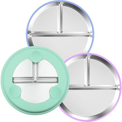 3-Pack Stainless Steel Baby Plates with Suction, BPA-Free Stainless Steel Kids Plates, 9” Divided Toddler Plate for Dishwasher Safe, Non-Slip Silicone Base, Detachable (Blue, Green, Purple)