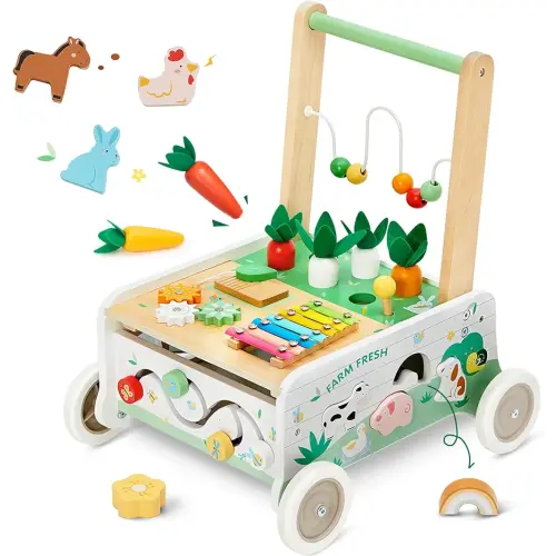 Wooden Baby Walker, Baby Push Walker, Adjustable Speed Baby Walker with Wheel, Toddler Activity Center Toys, Montessori Farm Walker Toy with Shape Sorter, Carrot Harvest for Boys and Girls