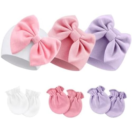 BQUBO Newborn Baby Hospital Hats Beanie Bow Infant Caps Baby Cotton No Scratch Mittens Set for 0-6 Months