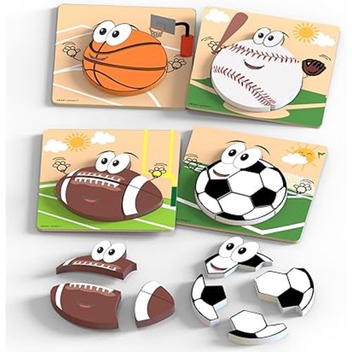 Wooden Puzzles for Toddlers 2-4 | Sports Puzzles | Wood Puzzles for Kids, Toddler Sports Toys for Toddlers, Basketball Toy, Football Toys, Baseball Toy, Soccer Toddler Puzzle 2 3 Year Old Boy