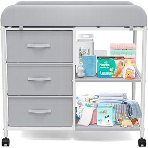 Baby Changing Table, Portable Changing Table, Diaper Changing Station with Waterproof Pad, Changing Table Dresser with 3 Storage Baskets, Mobile Nursery Organizer for Newborn Essentials