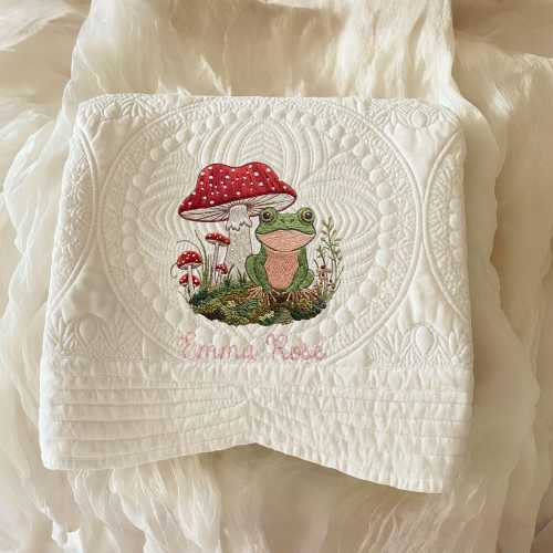 Hand Embroidered Baby Quilt, Mushroom and Frog Design, Personalized With Name, Cottagecore Bedding, Baby Shower Gift