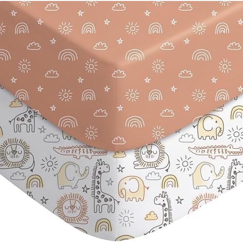 Yoofoss Pack and Play Sheets Fitted, Mini Crib Sheets 2-Pack for Pack N Play Mattress, Stretchy Playard Sheet, Soft and Breathable Animal World