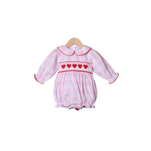 Smocked Pink Gingham Heart Tie Bubble