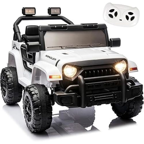 12V Kids Ride On Truck for Kids 1-4 Electric Vehicles W/Parents Control Toddler Ride On Toys with Bluetooth, Music, USB, 4-Wheels Suspension (White)