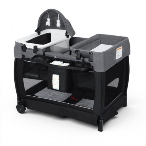 TODECARE 4-in-1 Baby Bassinet & Pack and Play with Bedside Sleeper and Diaper Changer, Portable Crib with Mattress & Mosquito Net, Black