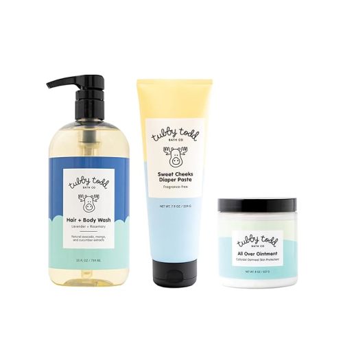 TUBBY TODD Baby Bundle Newborn Skin Care Set - Hypoallergenic Hair + Body Wash, All Over Ointment with Colloidal Oatmeal, Sweet Cheeks Diaper Paste - Fragrance Free, Standard Size
