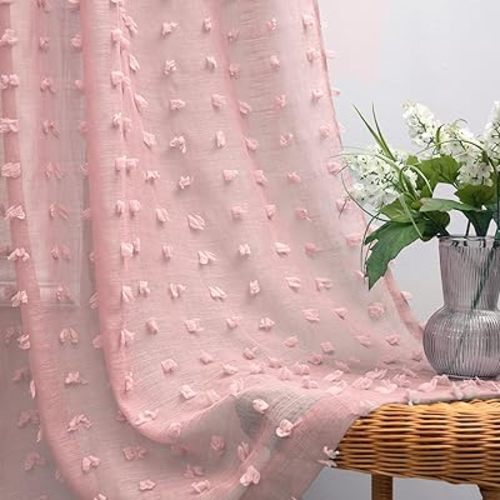 KOUFALL Light Pink Sheer Curtains 2 Panels,Bow Floral Pom Pom Boho Lace Coquette Curtains for Canopy Bed Bedroom Closet,84 Inches Long,Dusty Rose Pale Mauve