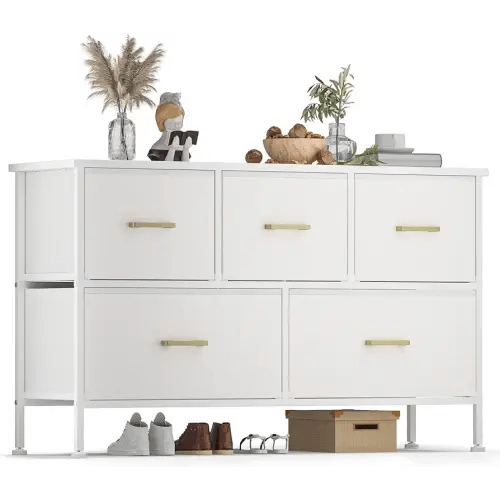 Dresser for Bedroom with 5 Drawers, White Dresser for Closet, Living Room, TV Stand, Nursery, Chest of Drawers with Sturdy Steel Frame, Leather Finish, Wood Top (Glacier White)