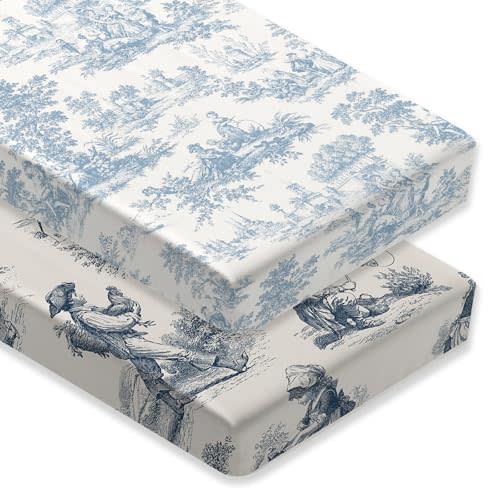 2 Pack Blue and White Toile Crib Sheet Set for Baby Girl, Soft Breathable Fitted Shabby Chic Crib Sheet 28 x 52 in, Vintage French Country Nursery Decor for Standard Crib and Toddler Bed Mattresses