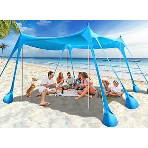 Rhino Valley Beach Tent Sun Shelter, Beach Canopy Tent Sun Shade UPF50+ Protection with 8 Sandbags 4 Stability Poles, Outdoor Beach Shade Canopy for Beach, Camping, Fishing