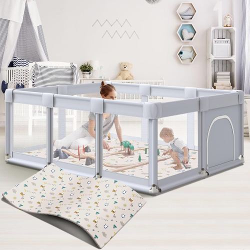 Baby Playpen 74x50 in PlayPen for Babies and Toddlers, Large Play Yards for Indoor & Outdoor with Zipper Gates, Breathable Mesh with Mat