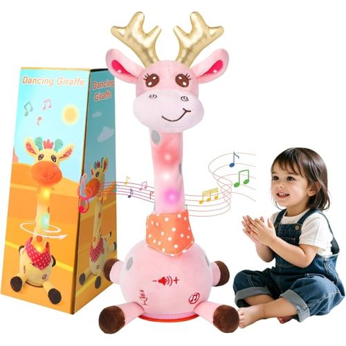 MILGEI Dancing Talking Giraffe Toy, Singing Musical Tummy Time Baby Toy with Volume Adjustment, 10 Children's Songs Light Up Toys, Repeating What You Say, Pink Giraffe Stuffed Animal for Girls Boys