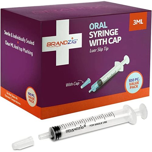 3ml Syringe With Cap (100 Pack) | Oral Dispenser Without Needle, Luer Slip Tip | Individually Wrapped Medicine Dropper For Infants & Pets