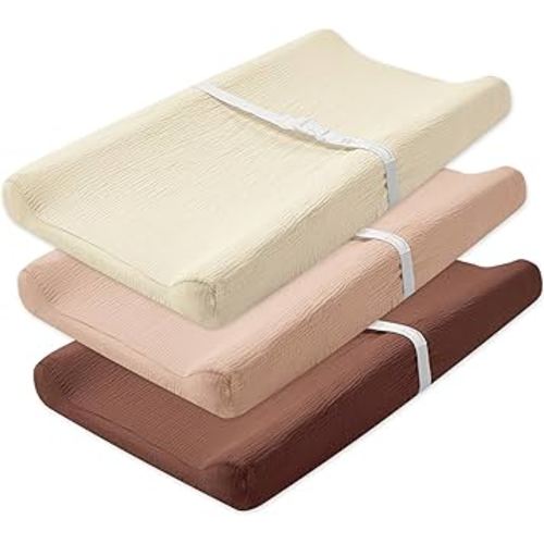 3 Pack Muslin Changing Pad Cover, Solid Changing Table Pad Cover, Soft Breathable Double Layer Boho Changing Pad Sheets Fit for Standard Changing Pad 16" x 32" (Cedar & Peach & Beige)
