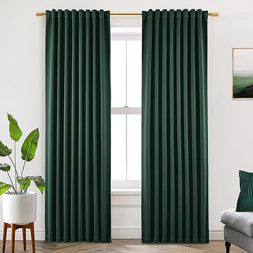 SHINELAND Dark Emerald Green Pleated Blackout Curtains, 52 x 84 Inches Long Forest Green Curtains, Rod Pocket Thermal Insulated Black Out Curtains for Bedroom Living Room, 2 Panels Set