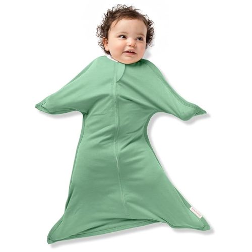 SleepingBaby Zipadee-Zip Transition Swaddle - Cozy Baby Swaddling Blanket with Zipper Convenience - Roomy Baby Wearable Blanket for Easy Diaper Changes - Basil, Small (4-8 Month)
