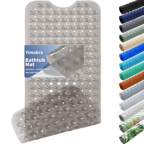 Yimobra Non Slip Bathtub Mat 40"x16", Super Strong Suction Cups, Extra Long Shower Mat with Drain Holes, Machine Washable Fast Draining Bathroom Floor Mat, Clear Grey