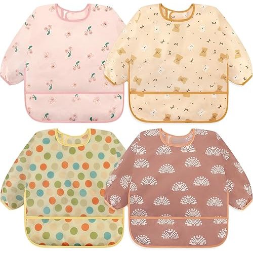 Accmor 4 Pack Long Sleeve Baby Bibs, Waterproof Sleeved Bib Smock for Baby Toddler 6-36 Months