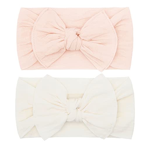 Baby Bling Bows - Newborn to Little Baby Girl Bows, 2 Pack Nylon Super Soft Stretchy Knot Toddler Headbands, Perfect Hair Accessories Head Bands for Infant Kids(Petal & Ivory)